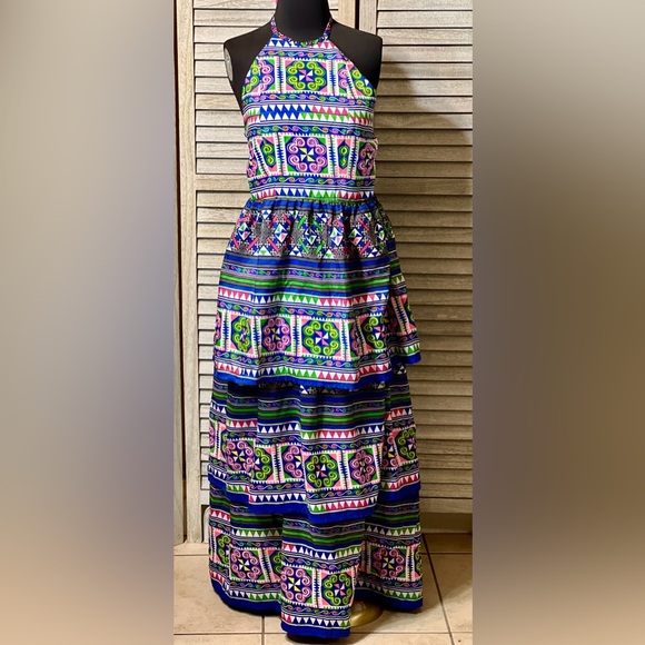 Vintage One of a Kind Geometric Artsy Print Ruffled Halter Backless Maxi Dress - Picture 8 of 13